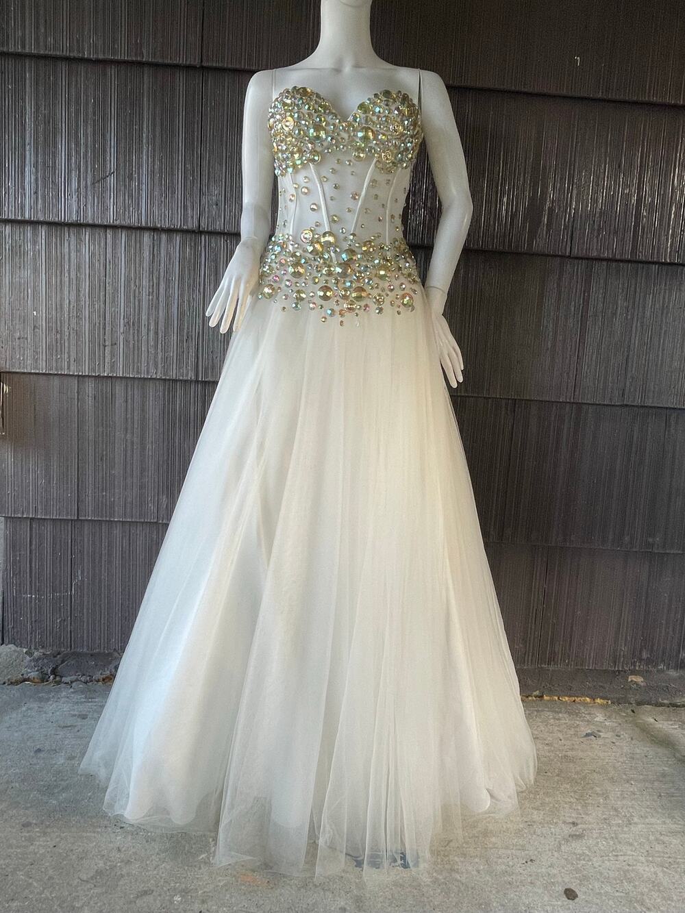 🔥Jovani Strapless Iridescent Rhinestone Mesh White Ball Gown Pageant Prom Fairy